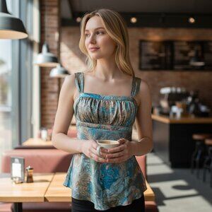 Y2K Satin Babydoll Tank Blouse Paisley Blue‎ Brown Forest Fairy Jrs Sz L XL VTG